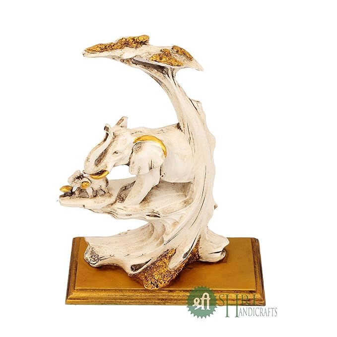 Indicast 10" Inch Resin Elephant Statue With Tree and Baby Animal Figurines Handcrafted Decorative Showpiece | White