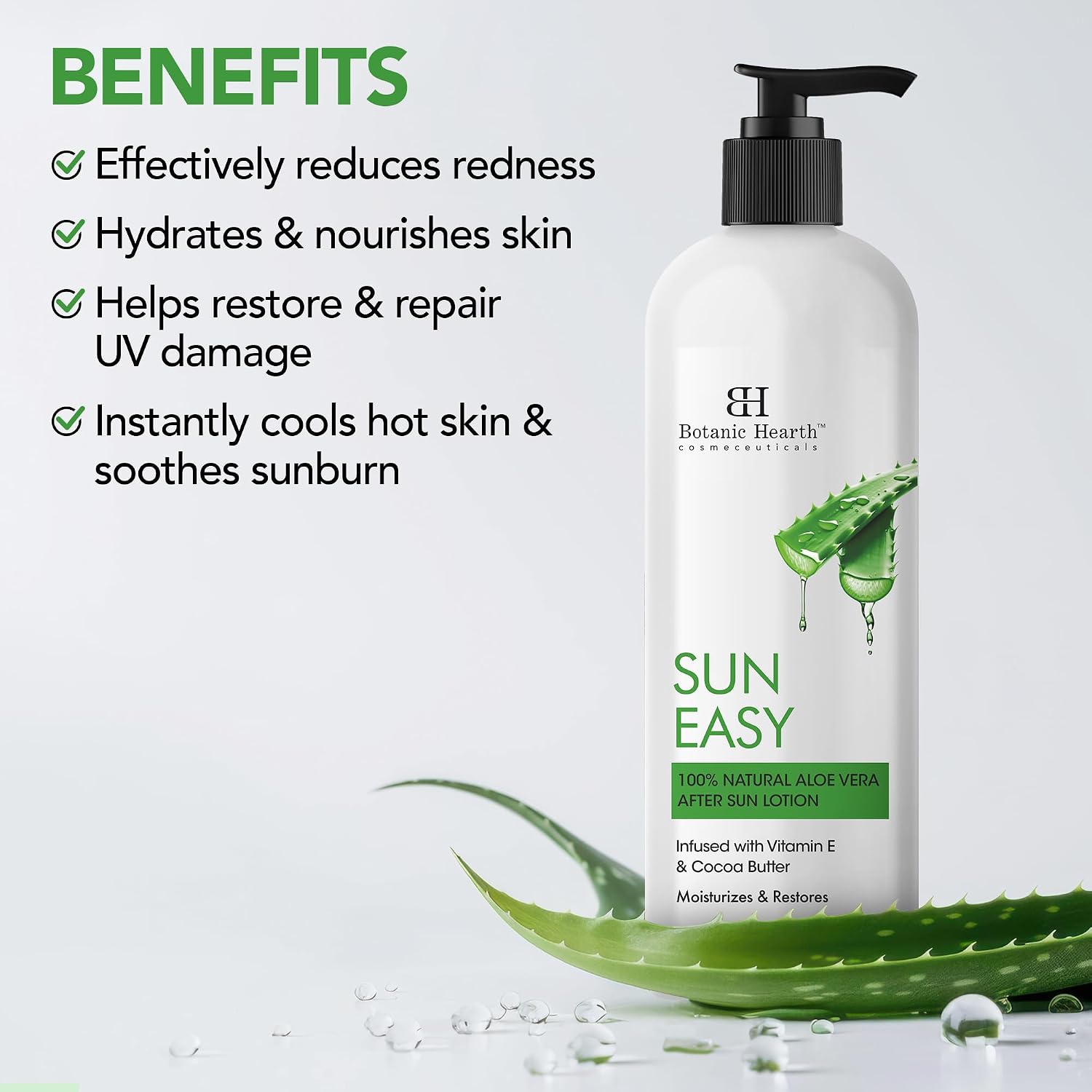 Botanic Hearth Sun Easy 100% Natural Aloe Vera After Sun Lotion, 250 ml - Soothing & Hydrating Sunburn Relief, Non-Greasy Formula Men & Women
