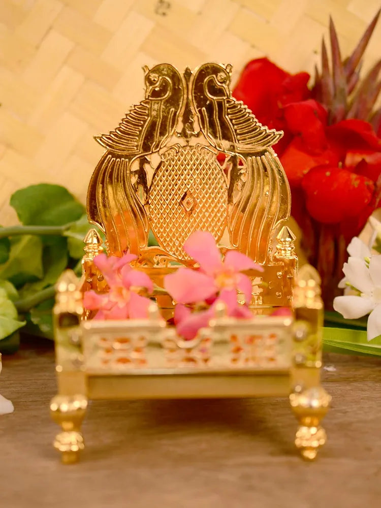 Collectible India Metal Gold Plated ladoo Gopal Singhasan Pooja Chowki mandir Peacock Design