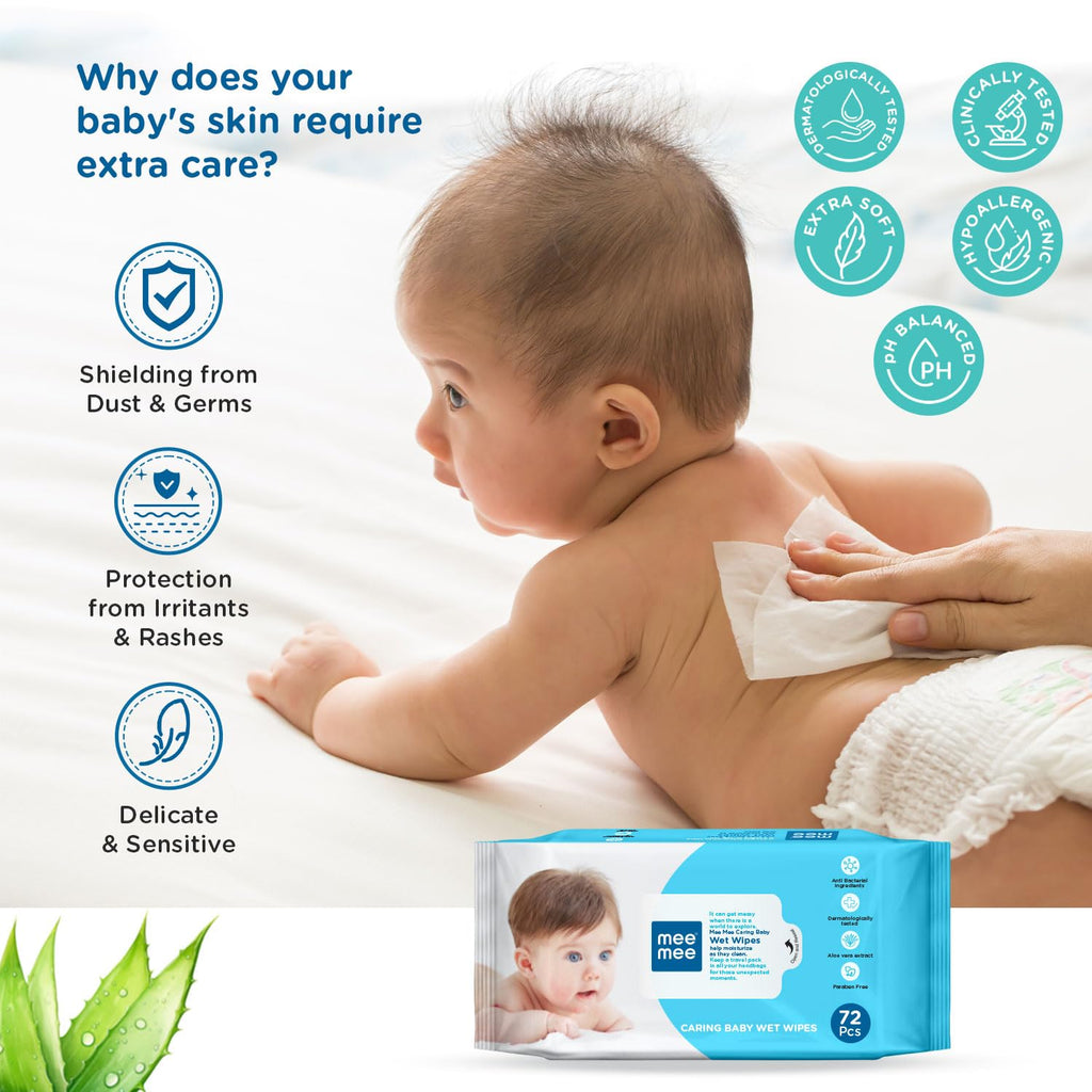Mee Mee Baby Gentle Wet Wipes with Aloe Vera Extracts, 72 Wipes per Pack, Pack of 3, Soft & Gentle Cleansing for Babies