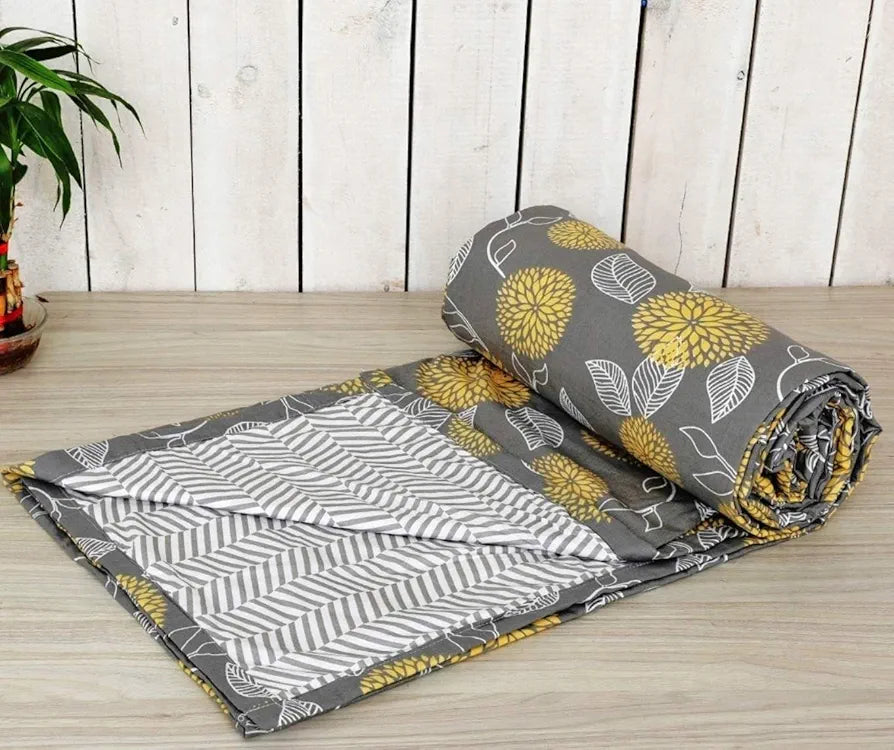 Trance Home Linen Pure Cotton Reversible Dohar Toddler Size Cotton Ac Quilt for Babies Blanket Colour Grey Yellow Abstract