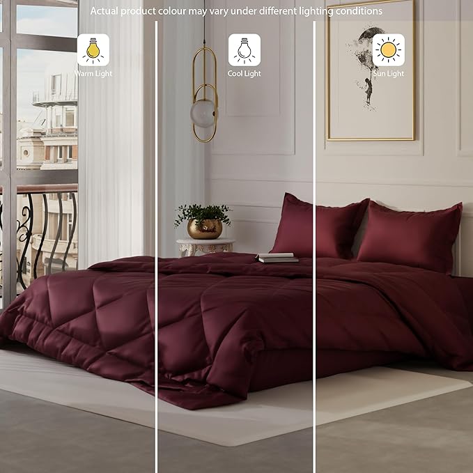 Stoa Paris Satin Comforter Double Bed with 300 TC 2 Pillow Covers Colour Velvet Wine
