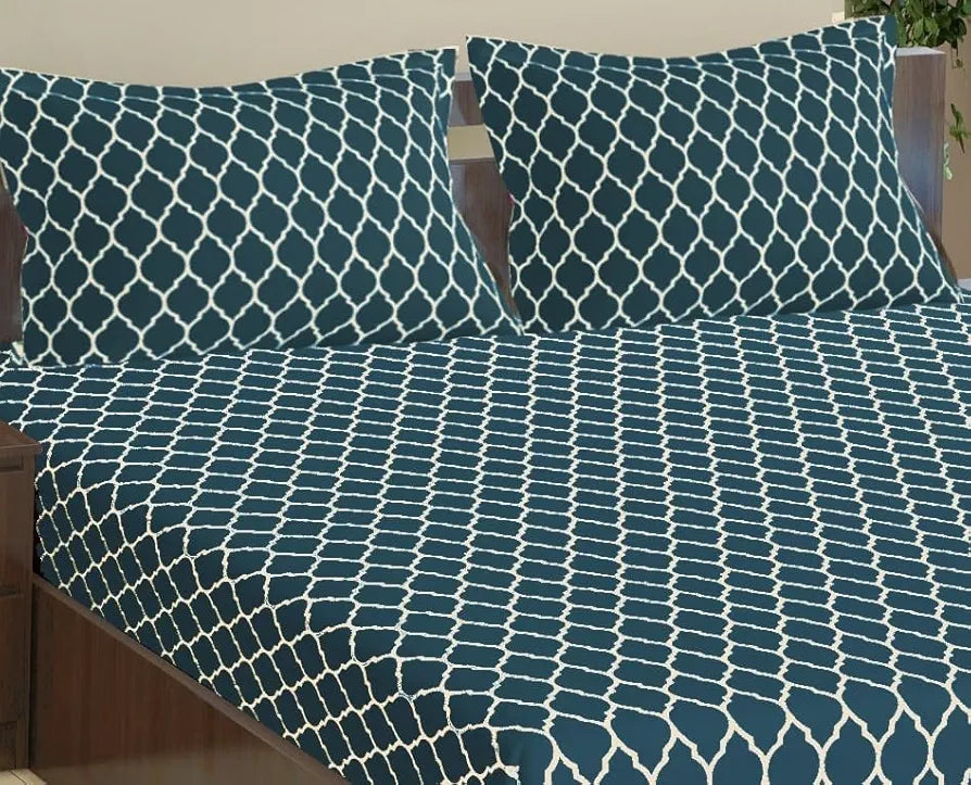 Trance Home Linen 200TC 100% Cotton Double Bed Size Elastic Fitted Bedsheet with 2 Pillow Covers Colour Dori Blue