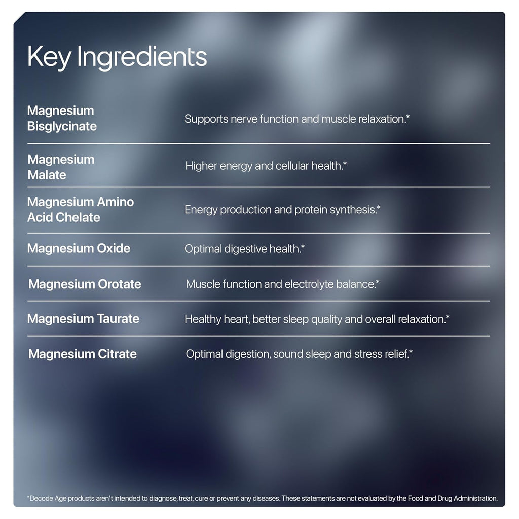 Decode Age Mag7| Magnesium Supplement Complex with BisGlycinate, Citrate, Malate, Oxide, and others| 99% Pure| Strong Bones, Muscle Recovery, Better Mood and Sleep| 60 Capsule