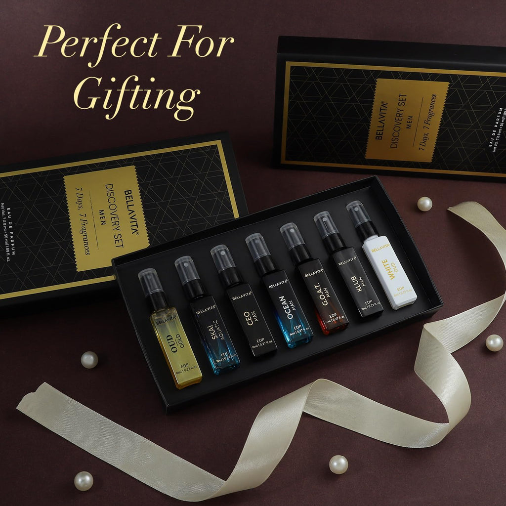 BELLAVITA Discovery | Long Lasting EDP 7x8ml Perfume Gift Set for Man | Woody, Oud and Fresh Premium Fragrance for Men | Ideal for Every Moment