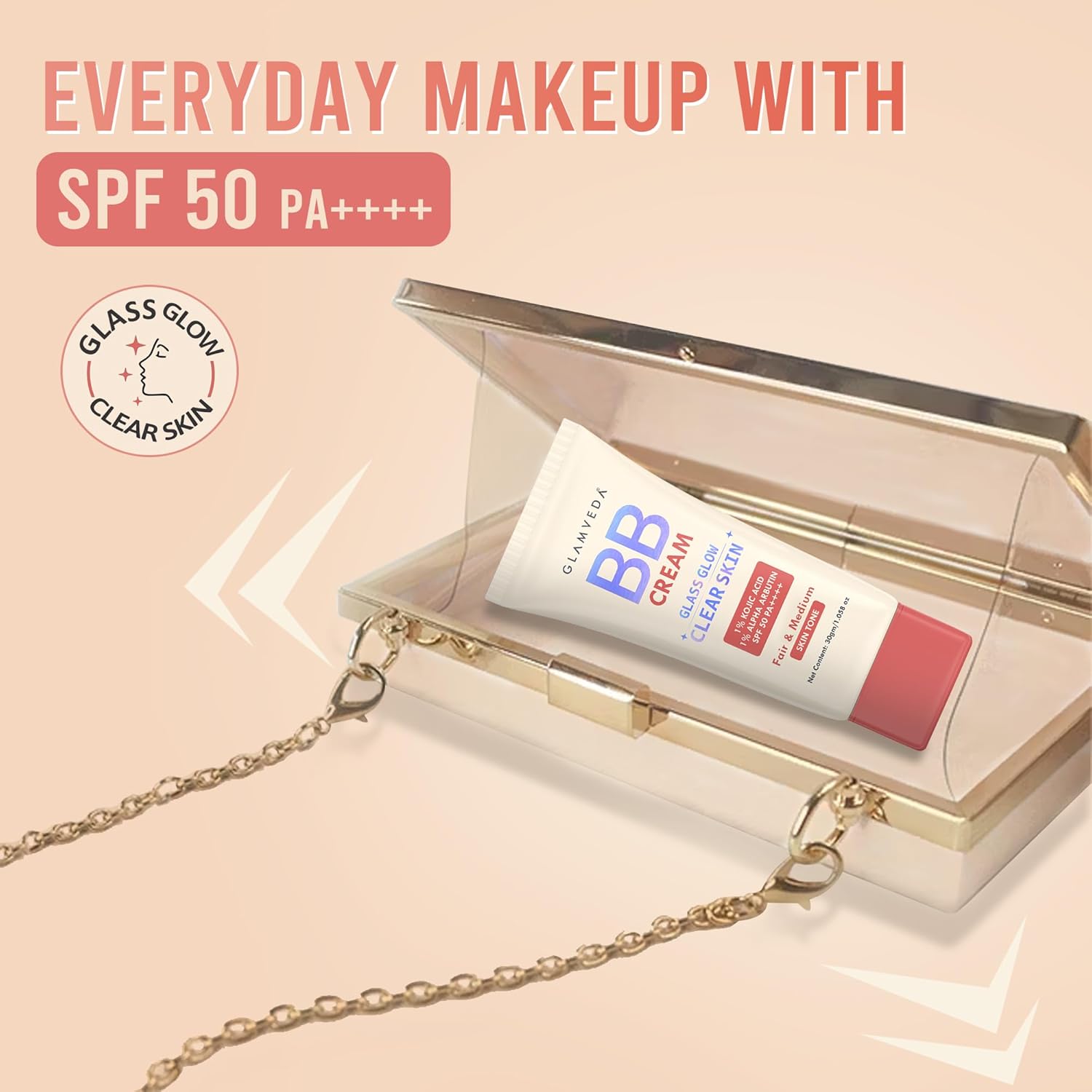 Glamveda BB Cream Lightweight Foundation | Fair & Medium Skin Tone BB Cream for Women With SPF 50++++ | Instant Spot Coverage | Light Make-up Glow | Non-Sticky & Waterproof | Colour Correction - 30g