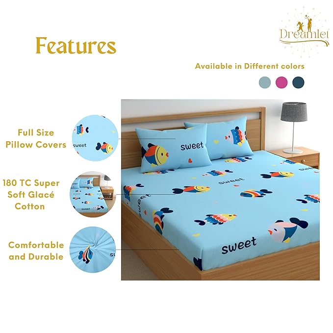 Dreamlet Prime Collections 180tc Pure Cotton Breathable Supersoft Wrinkelfree Double Flat Bedsheet With 2 King Size Pillow Covers | Sky Blue