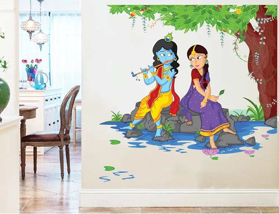 Rawpockets Decals Lord Krishna Playing Flute with Radha on River Bed Large Size  Wall Sticker