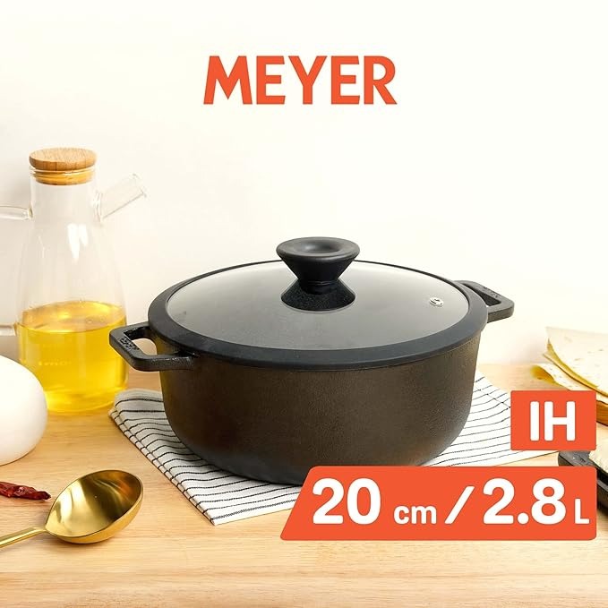 Meyer Pre-Seasoned Cast Iron Dutch Oven Biryani Pot Cast Iron Cookware, 20cm/ 2.8 Litre Black