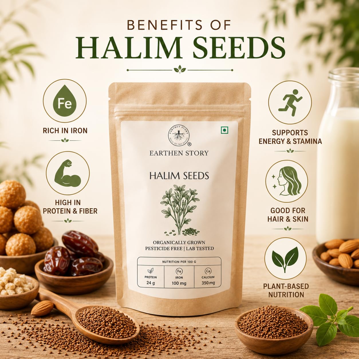 Earthen Story Edible Halim Seeds, 500g | Aliv Seeds | Rich in Iron & Fibre | For Laddu, Drinks, Smoothies & Daily Nutrition