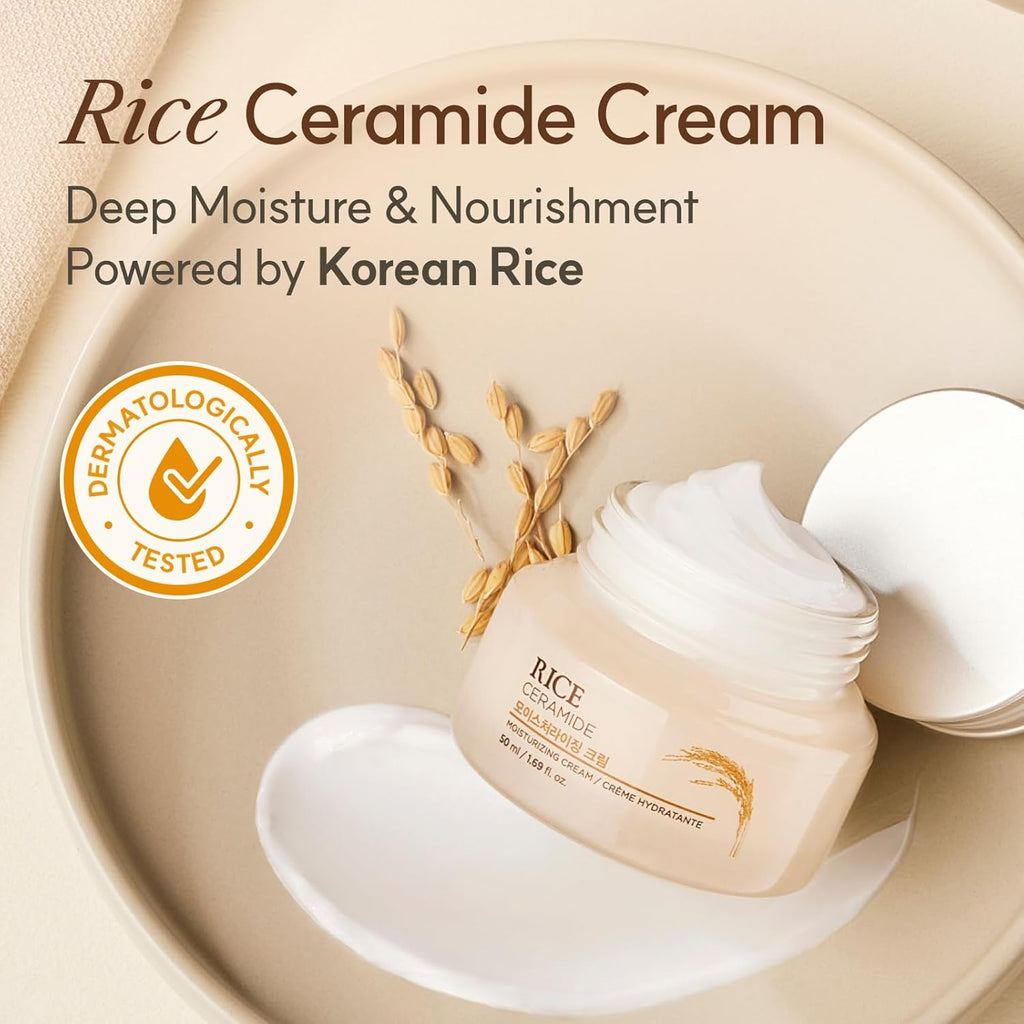 The Face Shop Rice & Ceramide Moisturizing Cream with Rice Extracts for Skin Brightening | Ceramide Moisturizer For Skin Barrier Repair | Paraben & Paraffins Free, Korean skin care products, 50ml