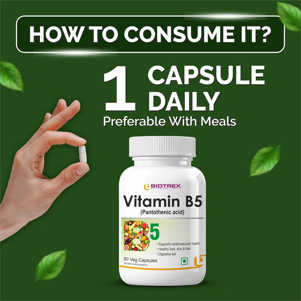 Biotrex Nutraceuticals Vitamin B5 (Pantothenic acid) Supplement | Daily 100% RDA | Energy & Metabolism | Nerve Health | Healthy Cholesterol Levels | Hair, Skin & Nails | Lab Tested | 60 Veg Capsules