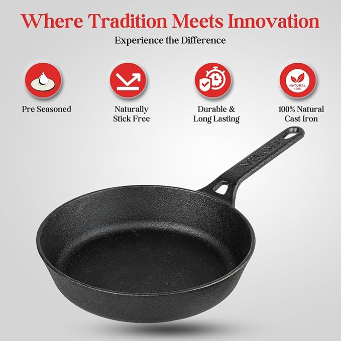 Vinod Legacy Pre Seasoned Cast Iron/Loha Frypan - 24 cm | Naturally Non Stick Skillet Pan for Frying