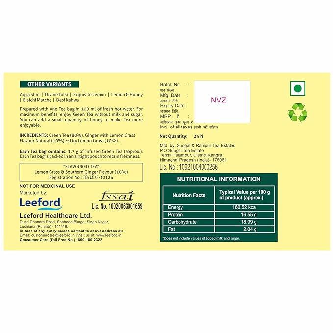 Leeford Green Tea Ginger With Lemon Grass - 25 Bags (Pack of 2)