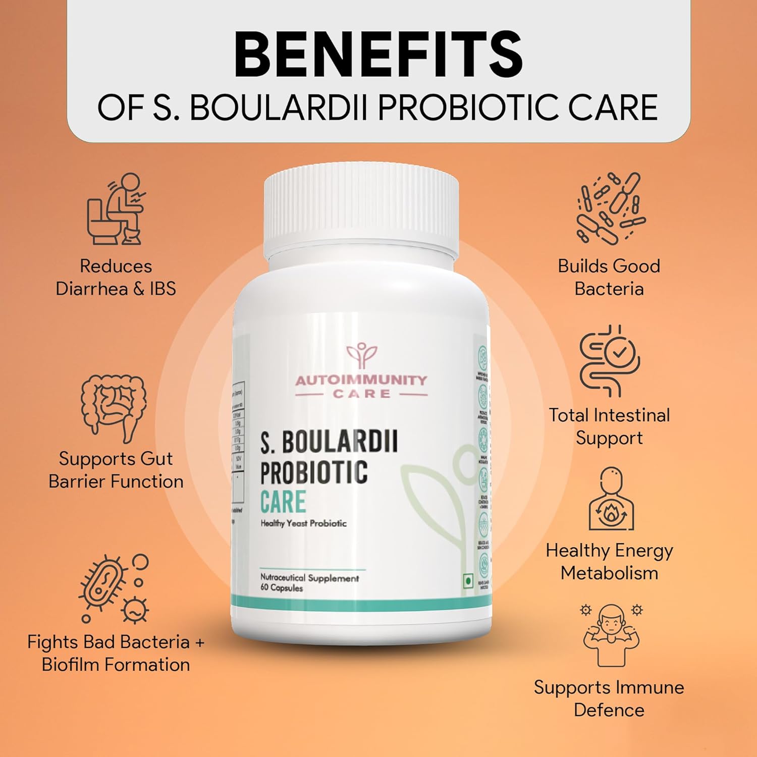 S. Boulardii Care â€“ Saccharomyces Boulardii Probiotic Supplement | 10 Billion CFU | Probiotics Supplement for Gut Health, Intestinal Lining & Microbial Balance | 60 caps (60 doses)