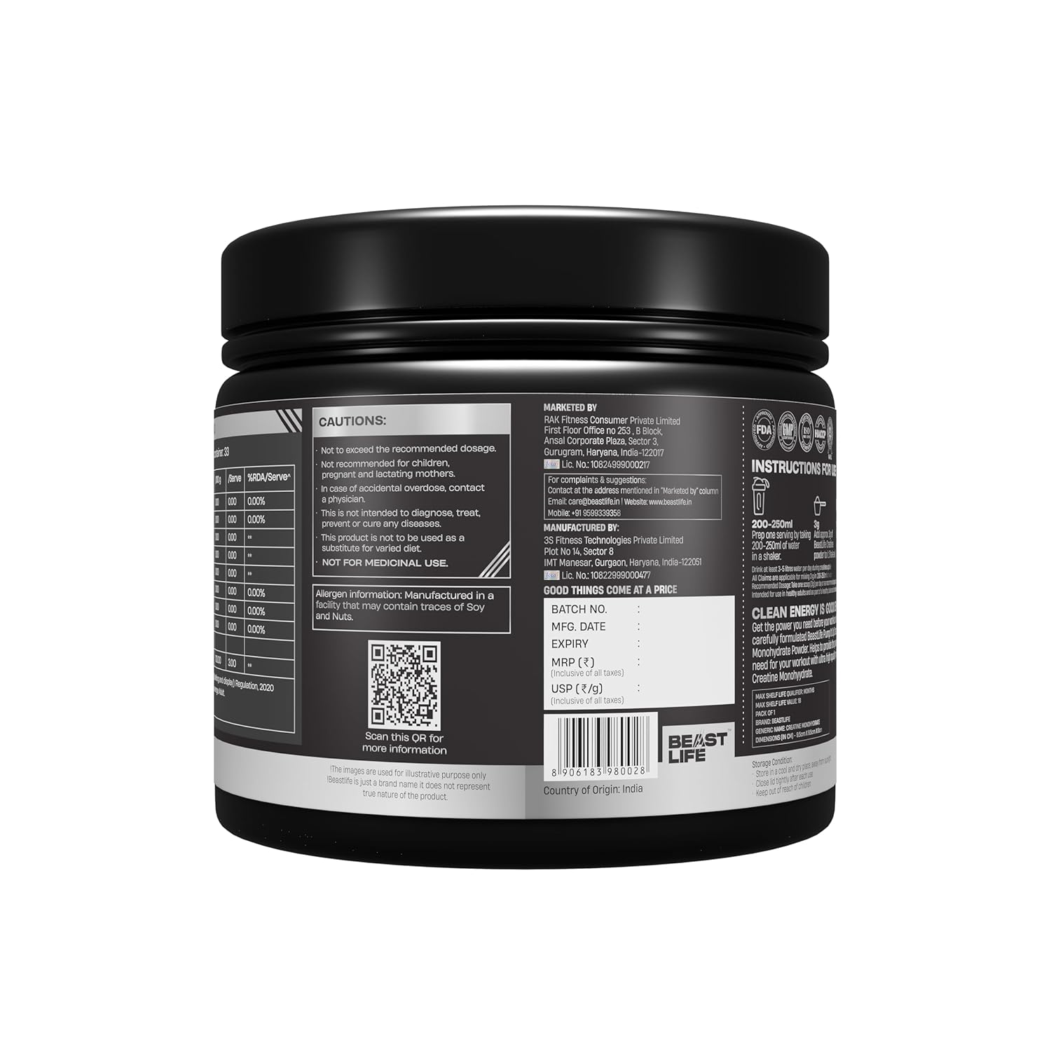 BeastLife Micronised Creatine Monohydrate with Free Shaker | 100g | 33 Servings | Unflavoured | NABL Lab Tested | Rapid Absorption for Muscle Strength & Athletic Performance | Super Micronised Creatine Powder