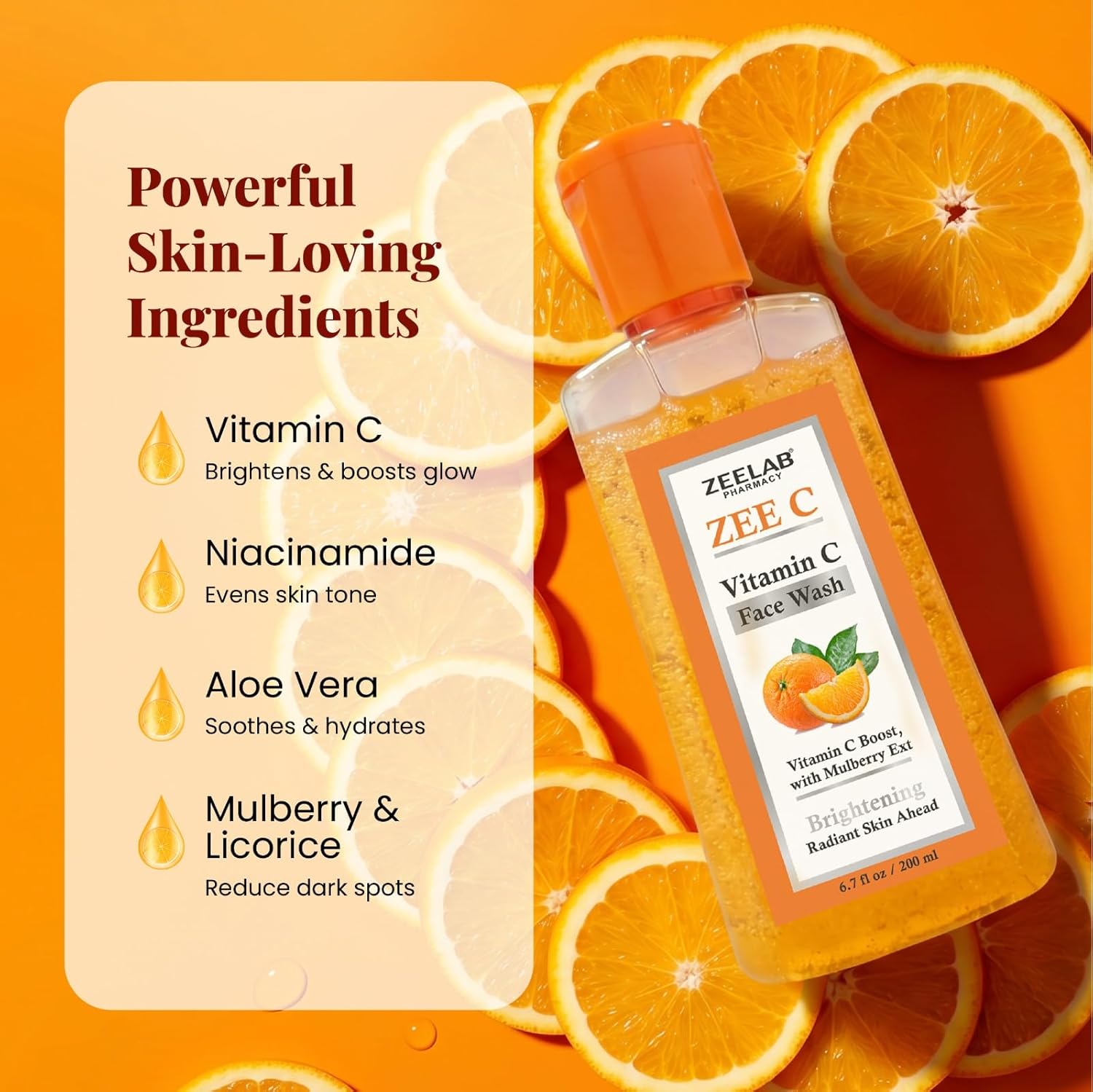 Zeelab ZEE-C Vitamin C Face Wash 200ml | Brightening Face Cleanser with Niacinamide, Aloe Vera, Licorice & Mulberry Extract | Helps Reduce Dullness, Dark Spots & Excess Oil | Gentle Daily Face Wash for Oily, Normal & Combination Skin