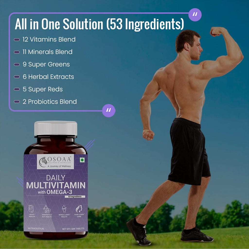 OSOAA Daily Multivitamin with Omega 3 & Probiotics - 60 Veg Tablets | 53 Vital Vitamins & Minerals with Zinc, Vitamin C, Vitamin D, Vitamin B12, and Multiminerals - Supports Immunity & Gut Health