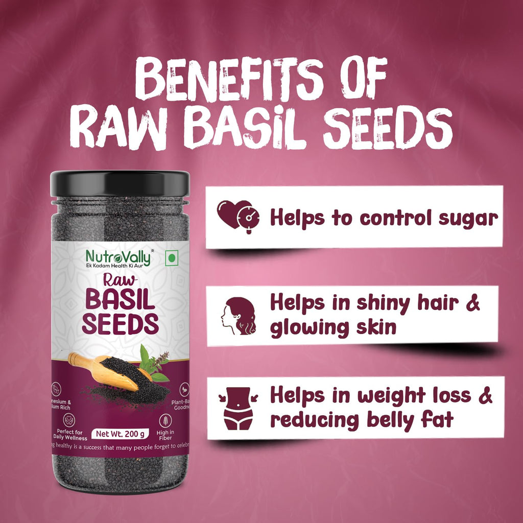 NutroVally Raw Basil Seeds 200g | Sabja Seeds Rich in Fiber, Plant-Based Protein & Essential Nutrients | Supports Digestion, Hydration, Satiety | Vegan, Gluten-Free Superfood for Detox Drink & Recipes