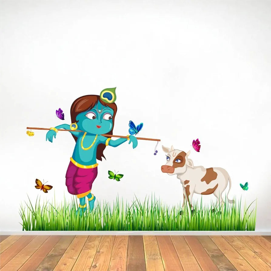 Rawpockets Decals Lord Krishna Cow Grass Butterfly Story Extra Large Size  Wall Sticker