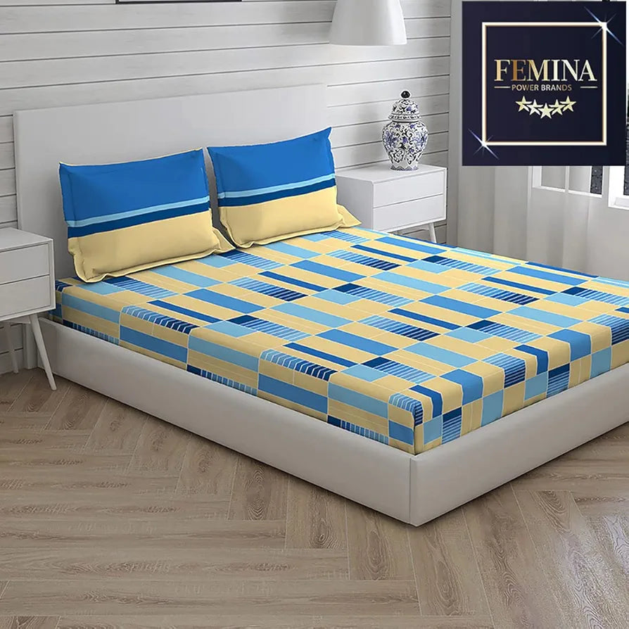 Layers Tivoli Cotton Bedsheet Set for All Seasons Lightweight 104 TC Queen Size Beige/Blue Color