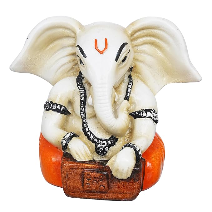 Ecraftindia White & Orange Polyresin Handcrafted Lord Ganesha Idol Playing Harmonium Musical Instrument