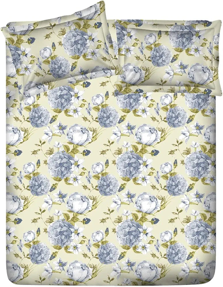 Layers Classic Cotton Bedsheet Set for All Seasons Lightweight 104 TC Queen Size Light Blue Floral Pattern
