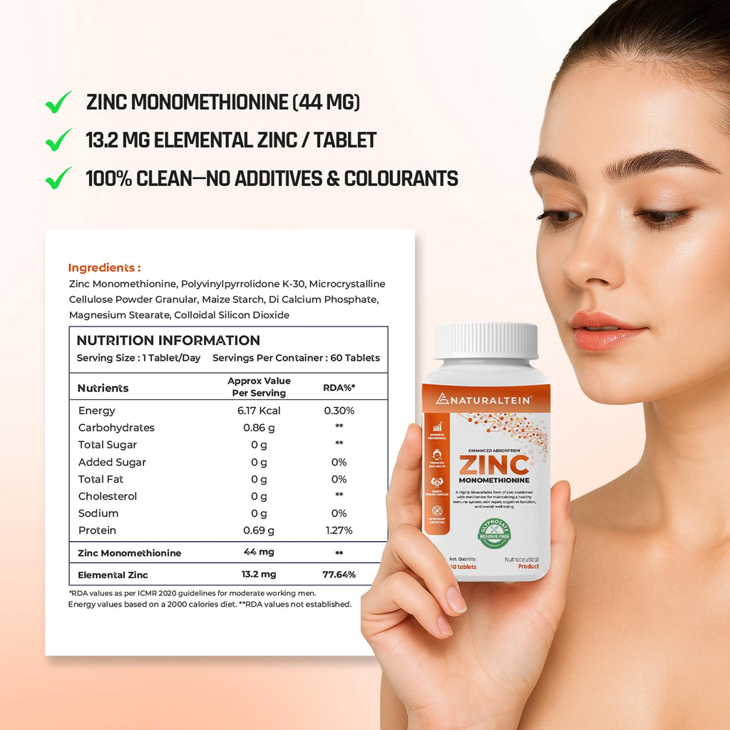 NATURALTEIN â€“ Zinc Monometheonine (60 Tablets) | 44 mg of pure zinc monomethionine, 12 mg of elemental zinc in each tablet | Tested and free from Heavy Metals