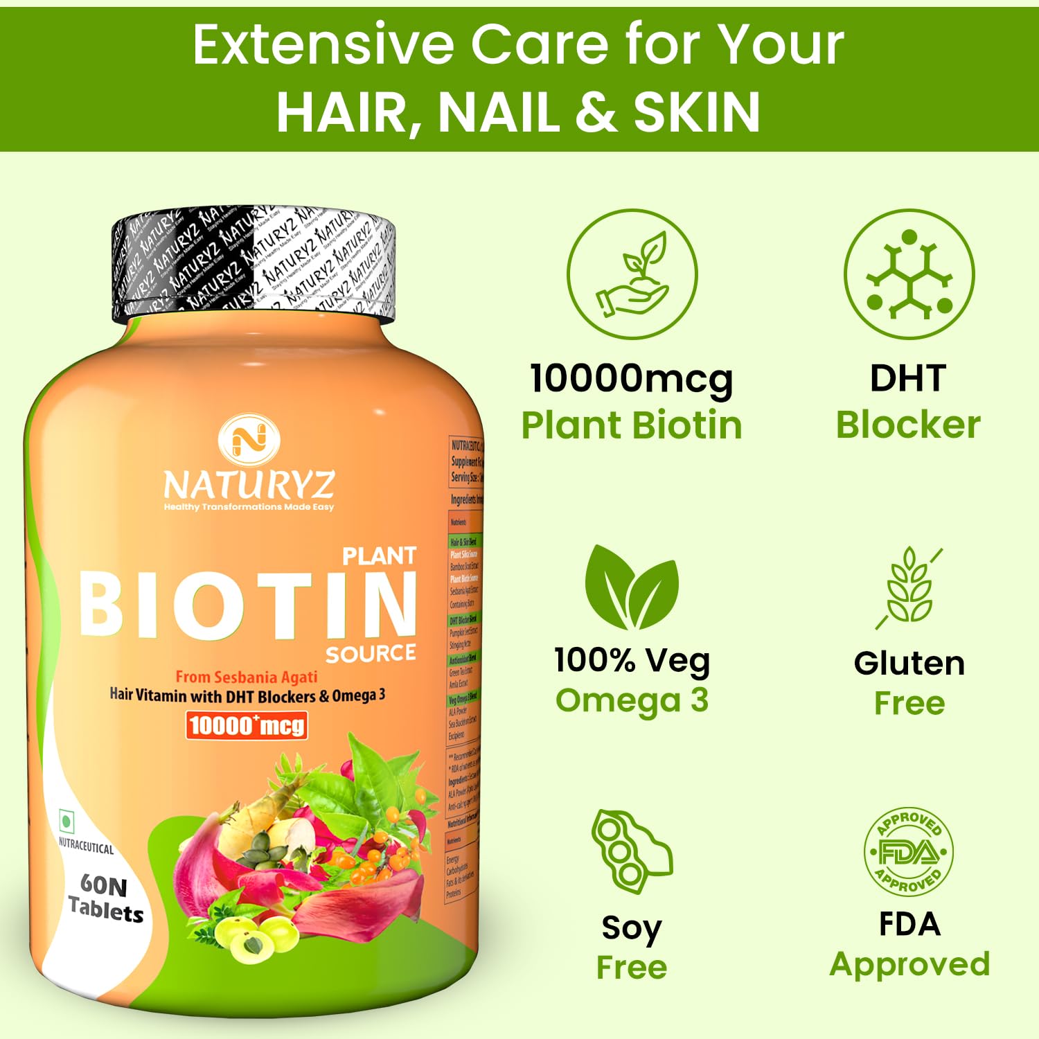 NATURYZ 100% Plant Based Biotin Tablets with High Protein Vitamin DHT Omega 3 for Strong Hairs,Nails Growth & Glowing Skin - 60 Tablets, 100 grams