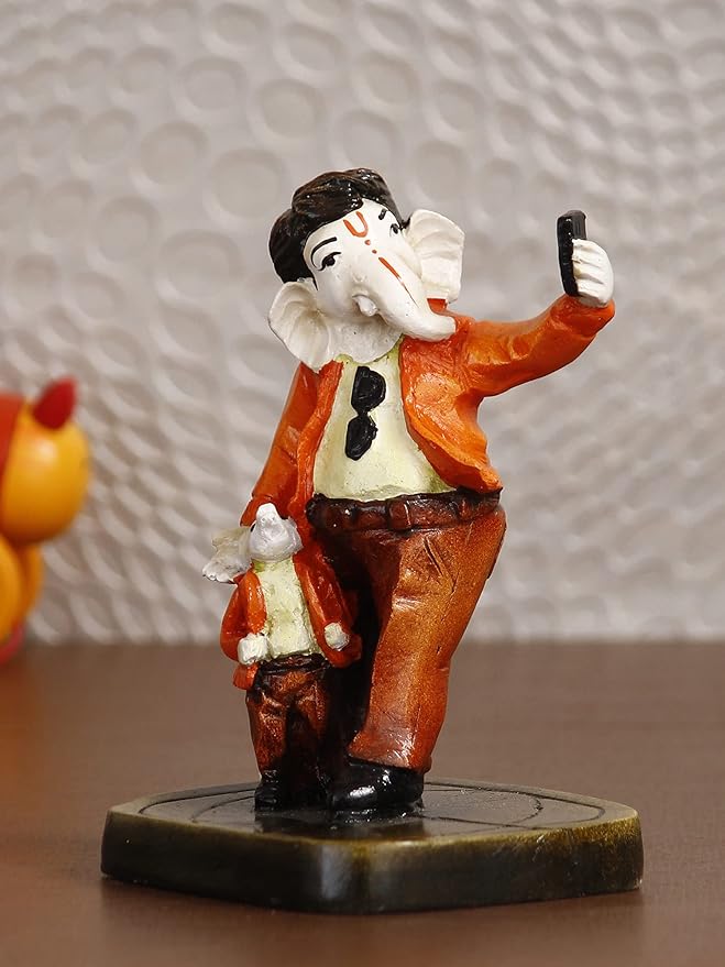 Ecraftindia Handcrafted Polyresin Lord Ganesha Idol Taking Selfie With Mushak Statue Decorative Showpiece