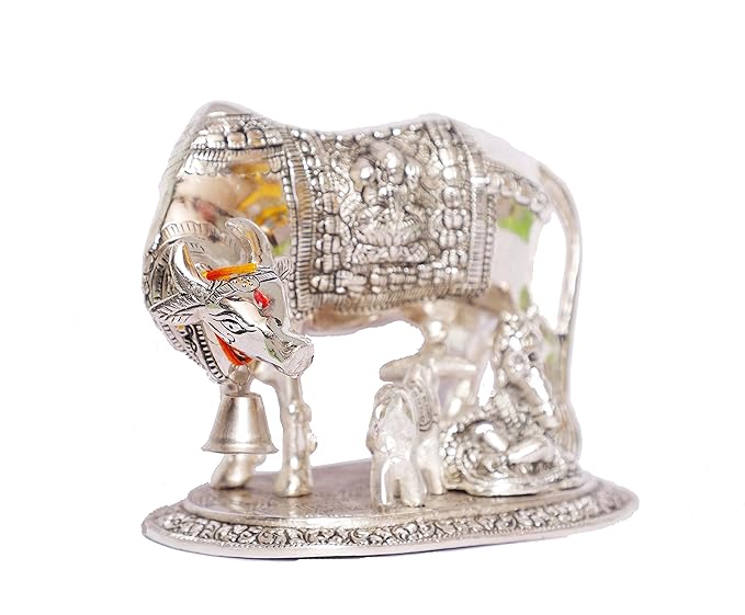 KridayKraft Kamdhenu Cow Calf with Bal Gopal Krishna Metal Statue for Good Luck Feng Shui As Table Top Idol