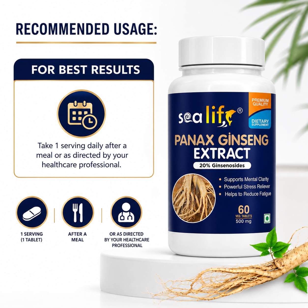 Sea Life Panax Ginseng | Korean Red Ginseng Supplement for Men & Women, Root Extract Powder for Energy and Stress Management (60 Tablets).