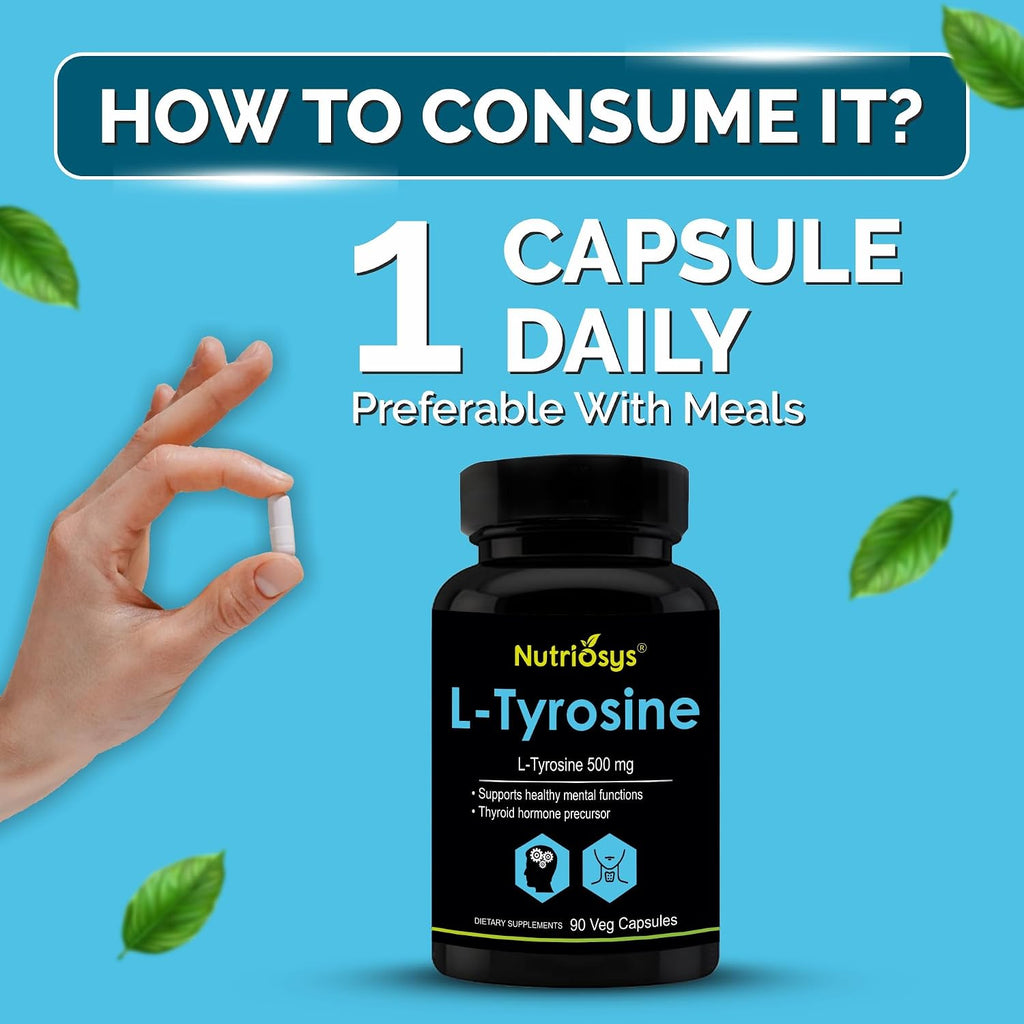 Nutriosys L-Tyrosine 500mg Supports Cognitive Health & Brain Function, Essential For Thyroid Functions - 90 Veg Capsules