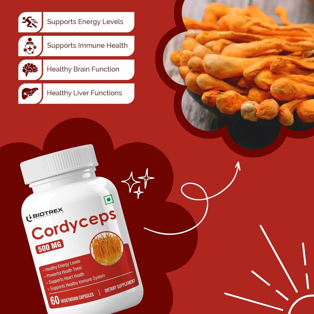 Biotrex Nutraceuticals Cordyceps 500mg | Endurance & Energy Booster | Supports Immune Function | Healthy Brain Function | Overall Wellbeing | 60 Veg Capsules