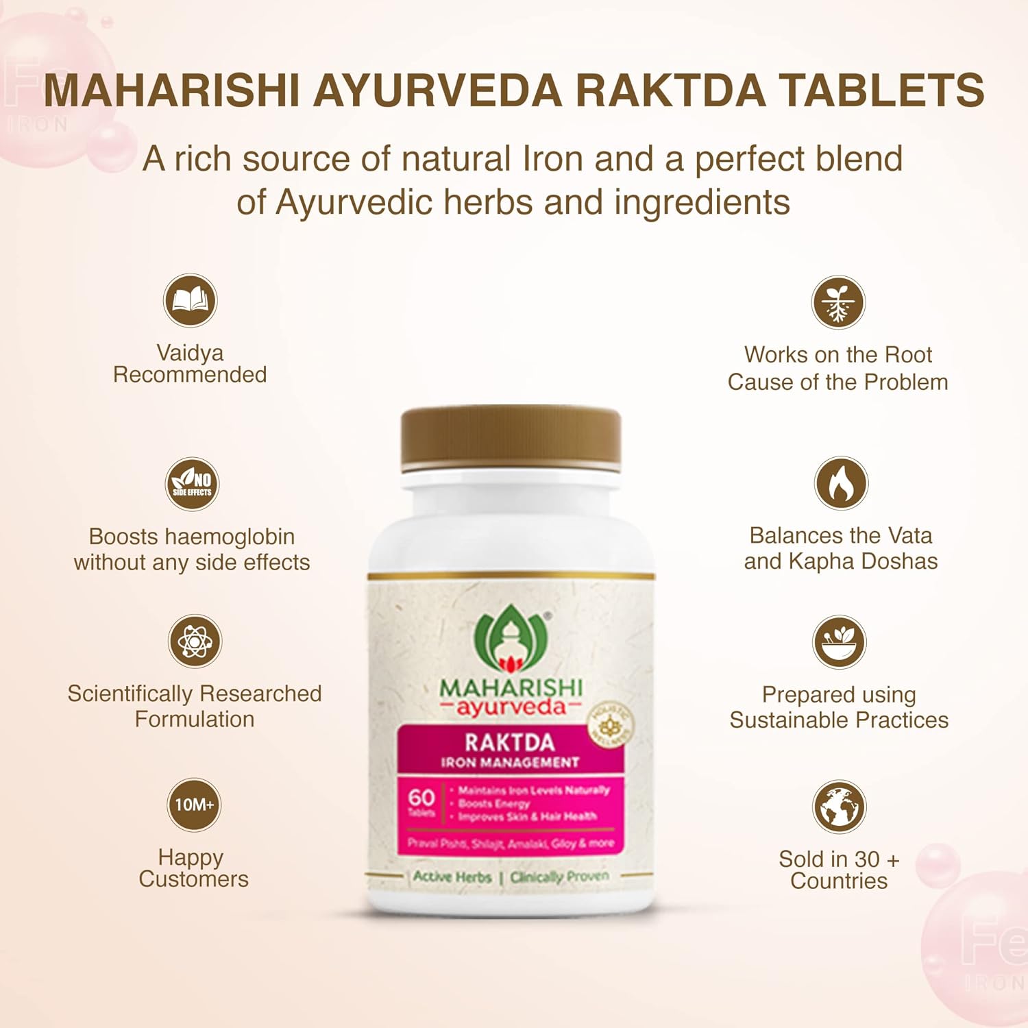 Maharishi Ayurveda Raktda Iron Management Tablets For Men&Women | Ayurvedic Iron Supplement With Vitamin C&Calcium | Maintains Haemoglobin Levels | Boosts Energy | Improves Skin&Hair Health | 60 Tablets