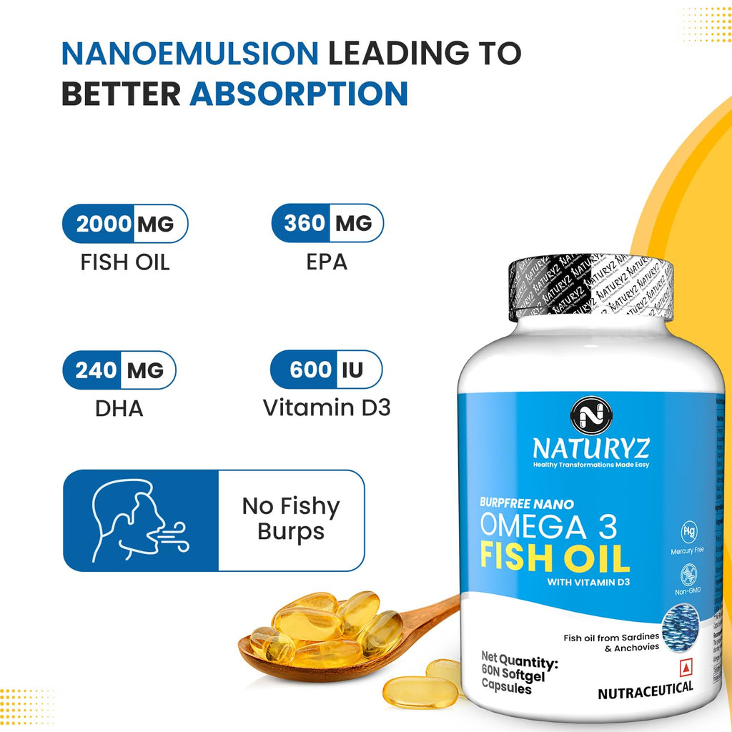 Naturyz Burpfree Omega 3 Fish Oil 2000 Mg With Vitamin D3,No Fishy Burps,Extracted From Sardines & Anchovies,Epa & Dha,Nano Emulsion Capsules For Faster Absorption-60 Softgels