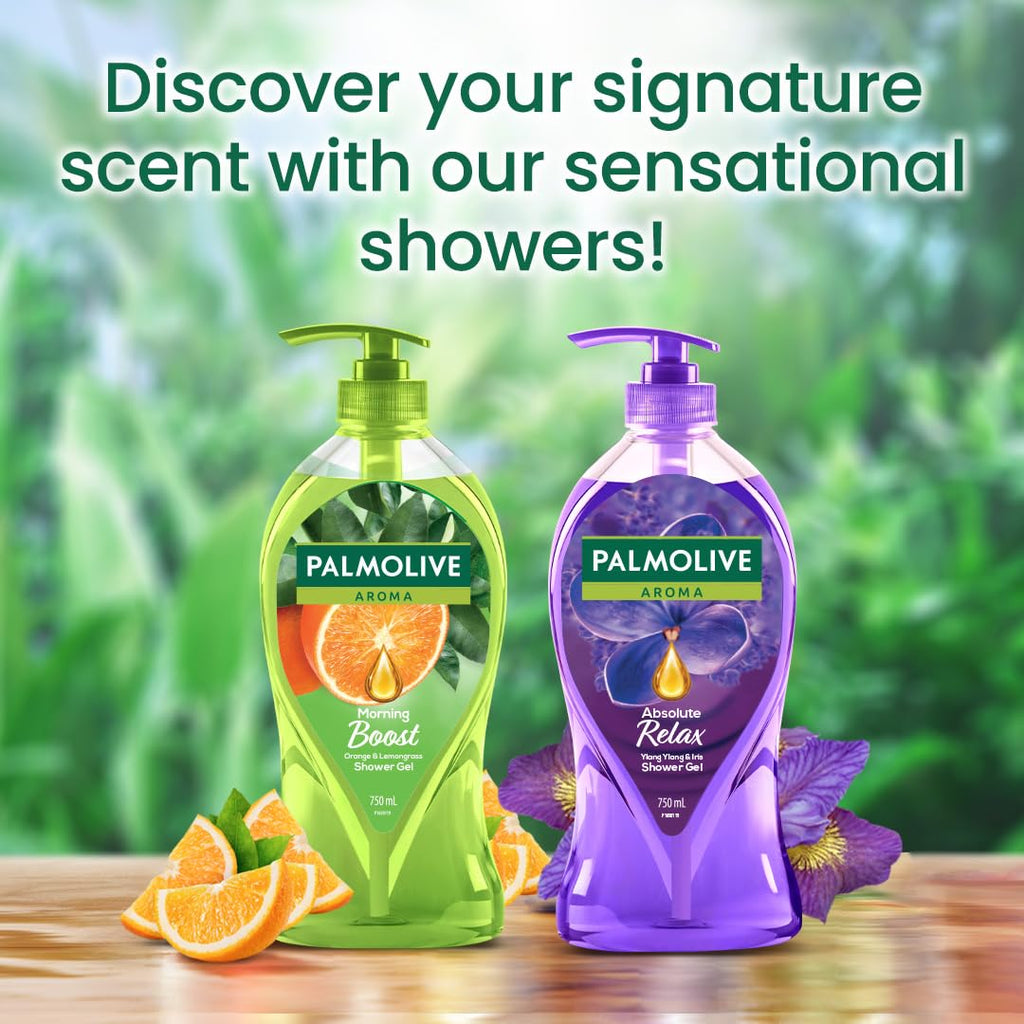 Palmolive Aroma Absolute Relax Body Wash, Gel Based Shower Gel with 100% Natural Ylang Ylang Essential Oil & Iris Extracts - pH Balanced, No Parabens, No Silicones, 750ml Pump