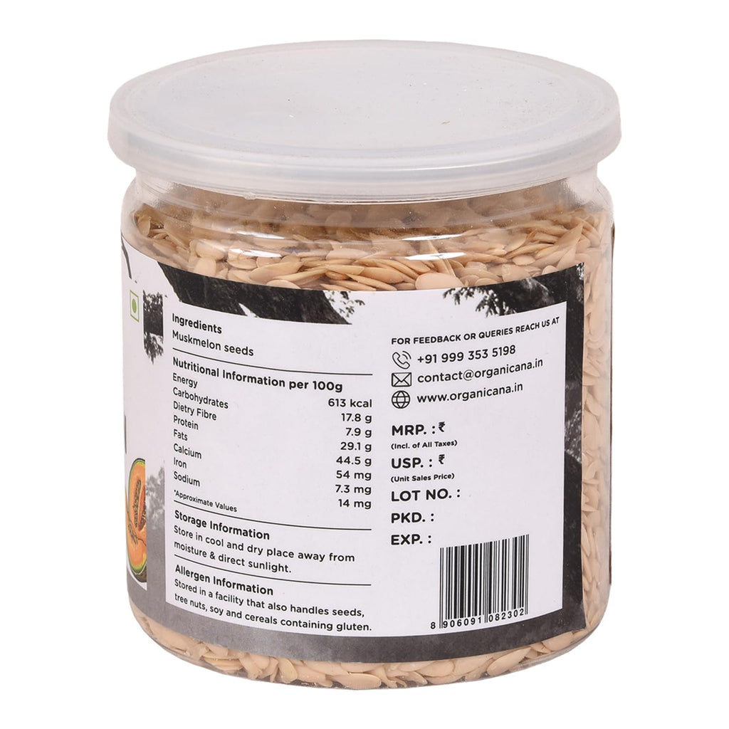Organicana Natural Muskmelon Seeds (Pack of 1) | Kharbooj Magaj | Kharbhuja Beej for Eating | High in Protein, Potassium, Magnesium & Iron | Immunity Booster Superfood | Healthy Snack, Topping and Cooking Use