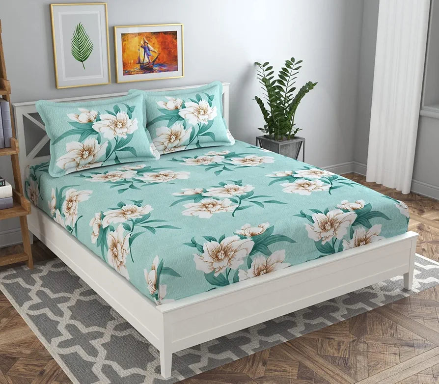 HomeKart Prime Collection Microfiber bedsheet for Double Bed with 2 Pillow Covers Breathable and Soft Touch 164 TC Pattren Floral Color Light Green and White