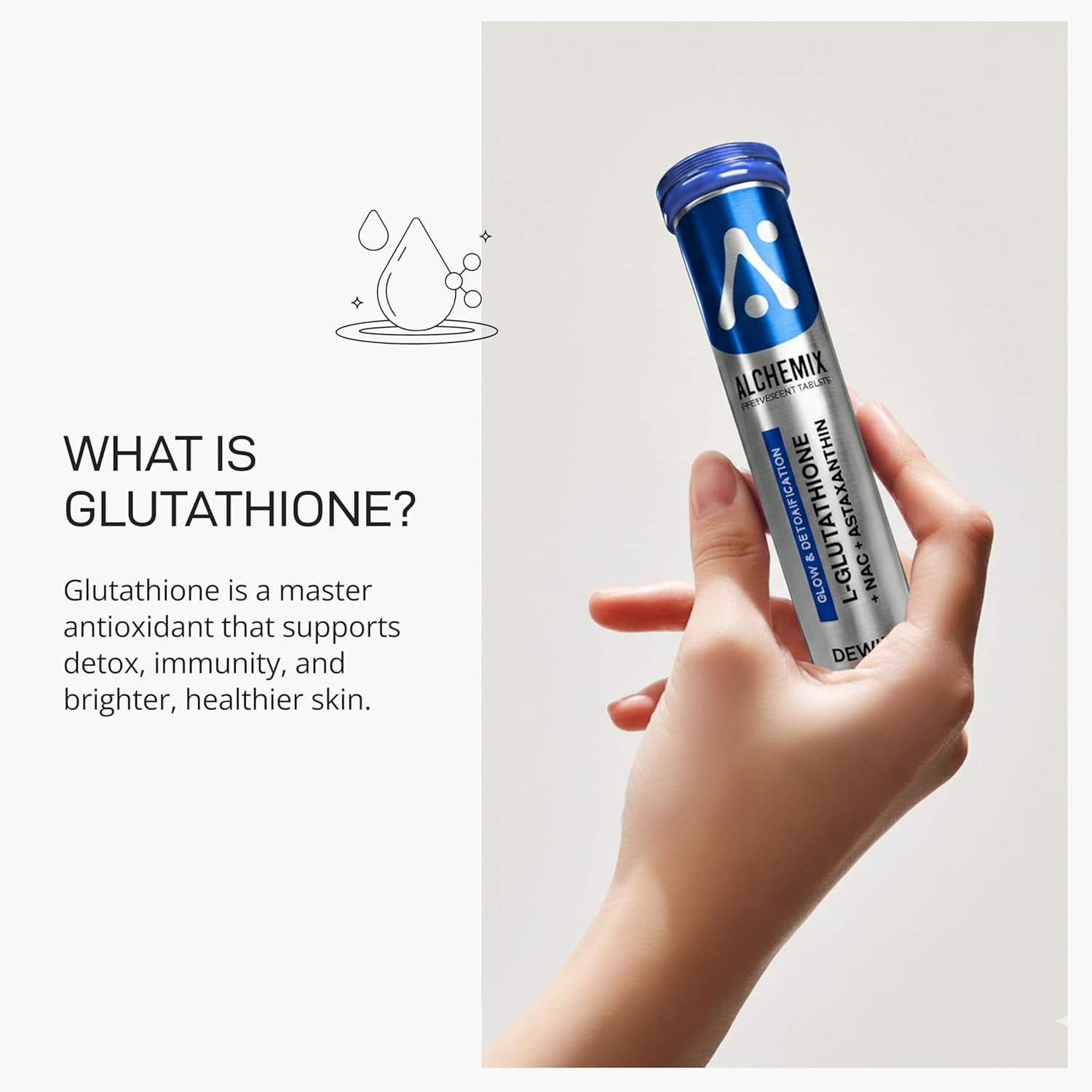 Alchemix Dewix L-Glutathione 600mg Effervescent Tablets with NAC 300mg, Astaxanthin, Vitamin C, Blueberry Flavor, Glow & Detoxification, Sugar-Free, 16 Tablets (1, Blueberry)