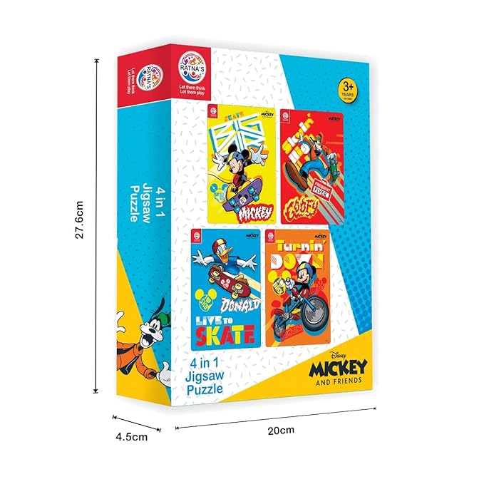Ratna's 4 in 1 Disney Jigsaw Puzzle 140 Pieces for Kids | 4 Jigsaw Puzzles 35 Pieces Each | Mickey Mouse, Donald Duck, Goofy Vertical