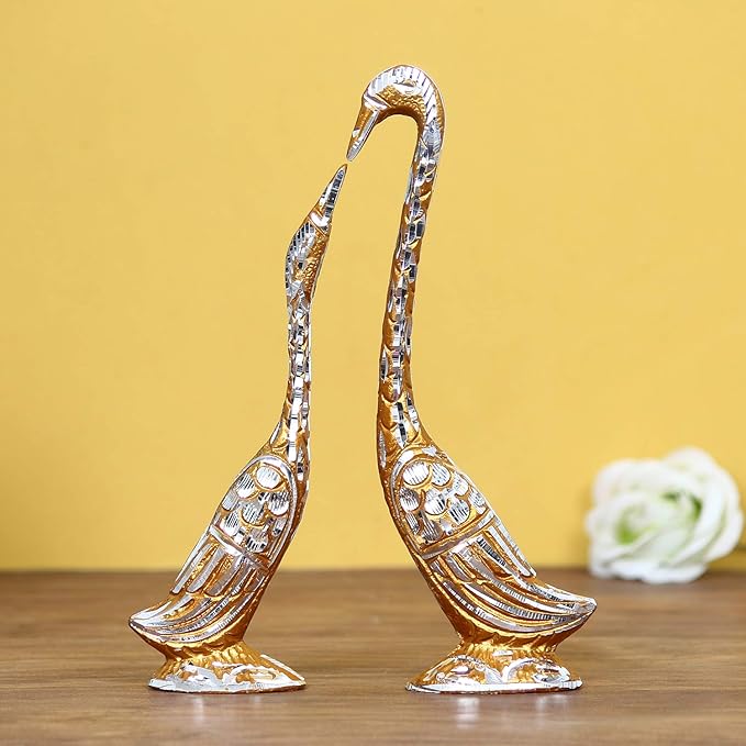 Artisyn Silver and Golden Metal Loving Kissing Swan Couple Statue Cute Love Birds Figurines Showpieces