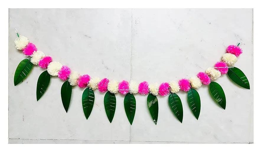 Artificial Marigold &Mango Leaves Simple Door-Window Toran Cream and Baby Pink