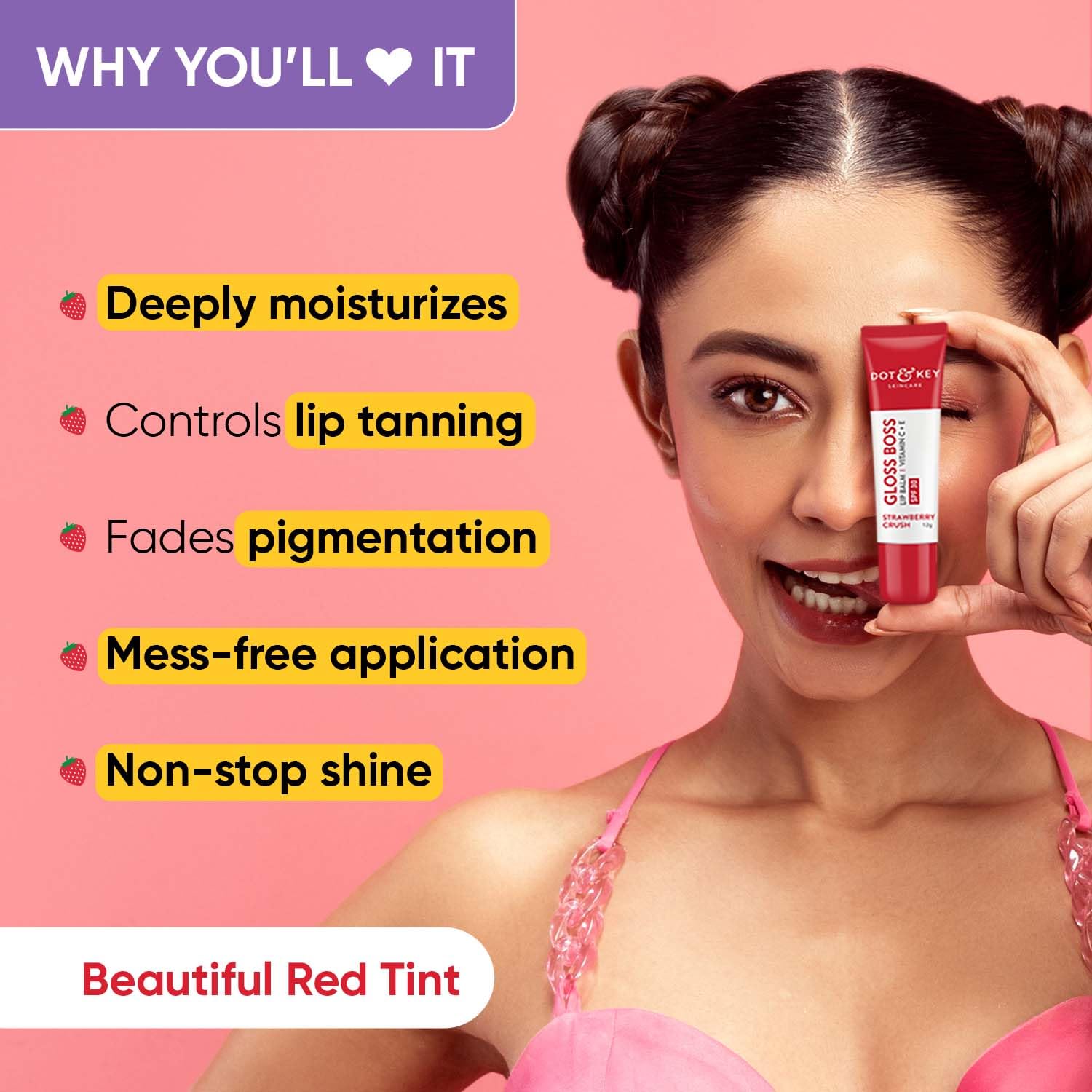 Dot & Key Strawberry Lip Balm (12gm) for Moisturization | Soft and Naturally Pink Lips |Tinted Lip Balm with SPF 30 & Vitamin C + E | Lipbalm for Dry & Dark Lips | Lip Balm for Women