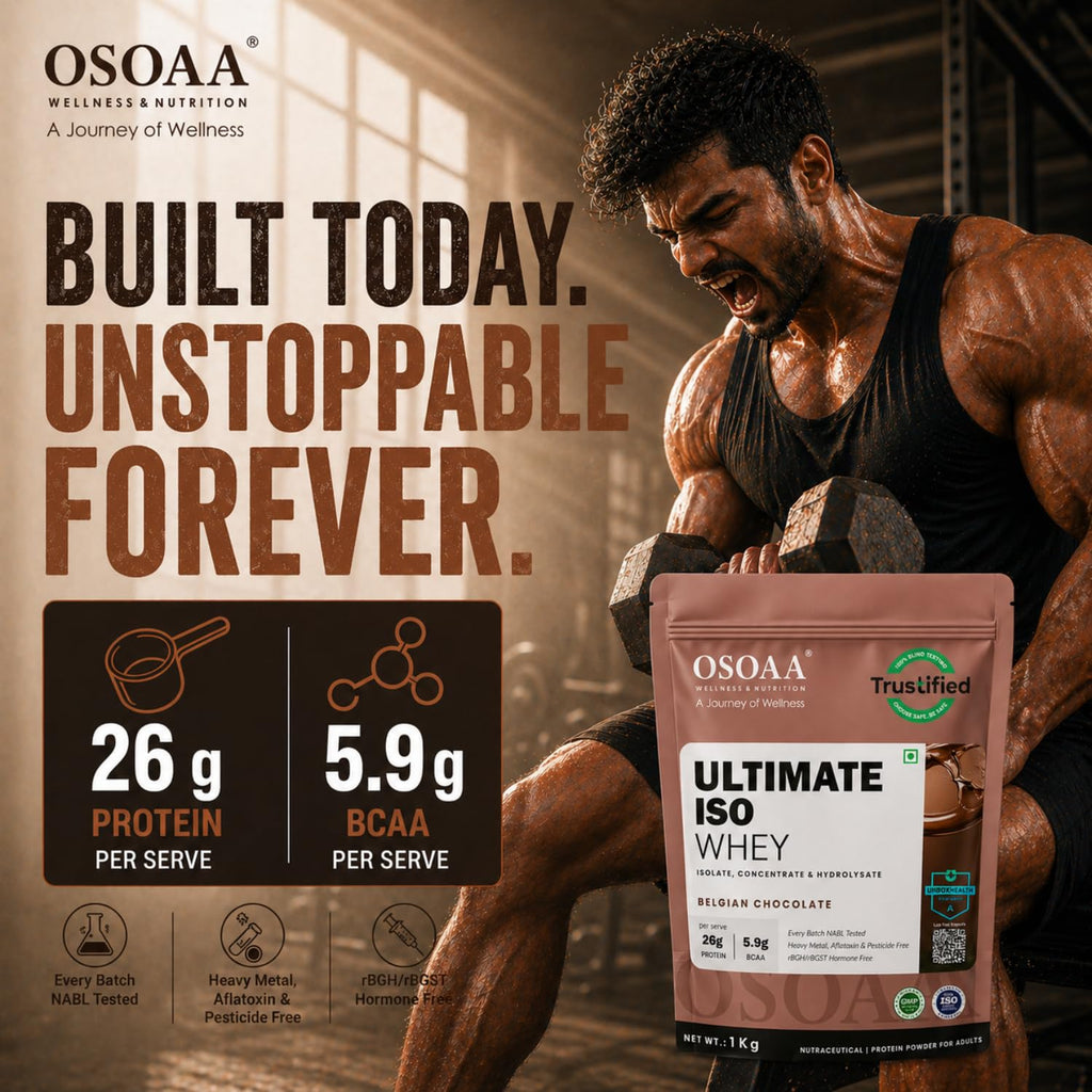 OSOAA Ultimate ISO Impact Whey Protein - 1kg, Belgian Chocolate | 26g Protein, 7g BCAA | Tri-Blend: Isolate, Concentrate & Hydrolysate | Trustified Certified & Batchwise NABL Lab Tested | Unbox Health A Rated | No Adulteration