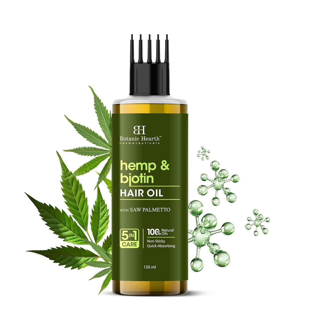 Botanic Hearth Hemp & Biotin Hair Oil for Hair Growth & Strength with Saw Palmetto – 150ml, Non-Sticky & Fast-Absorbing – 100% Natural Oils for Healthy Scalp & Hair – with Hair Oil Applicator