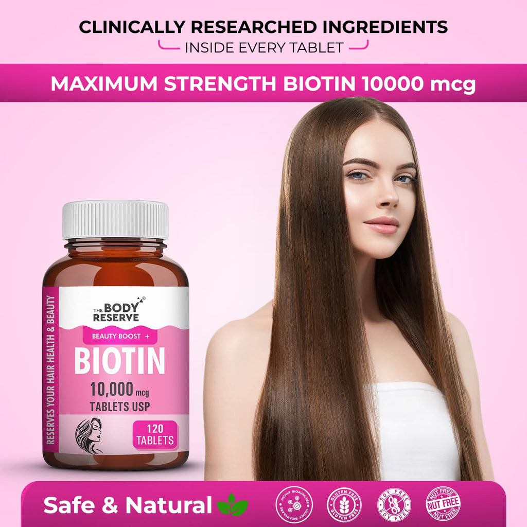 The Body Reserve Biotin 10000mcg 120 Veg Tabs, Biotin Tablets For Hair, Skin & Nails, Hair Vitamins biotin Supplement For Men & Women 4 Monthâ€™s Supply Pack