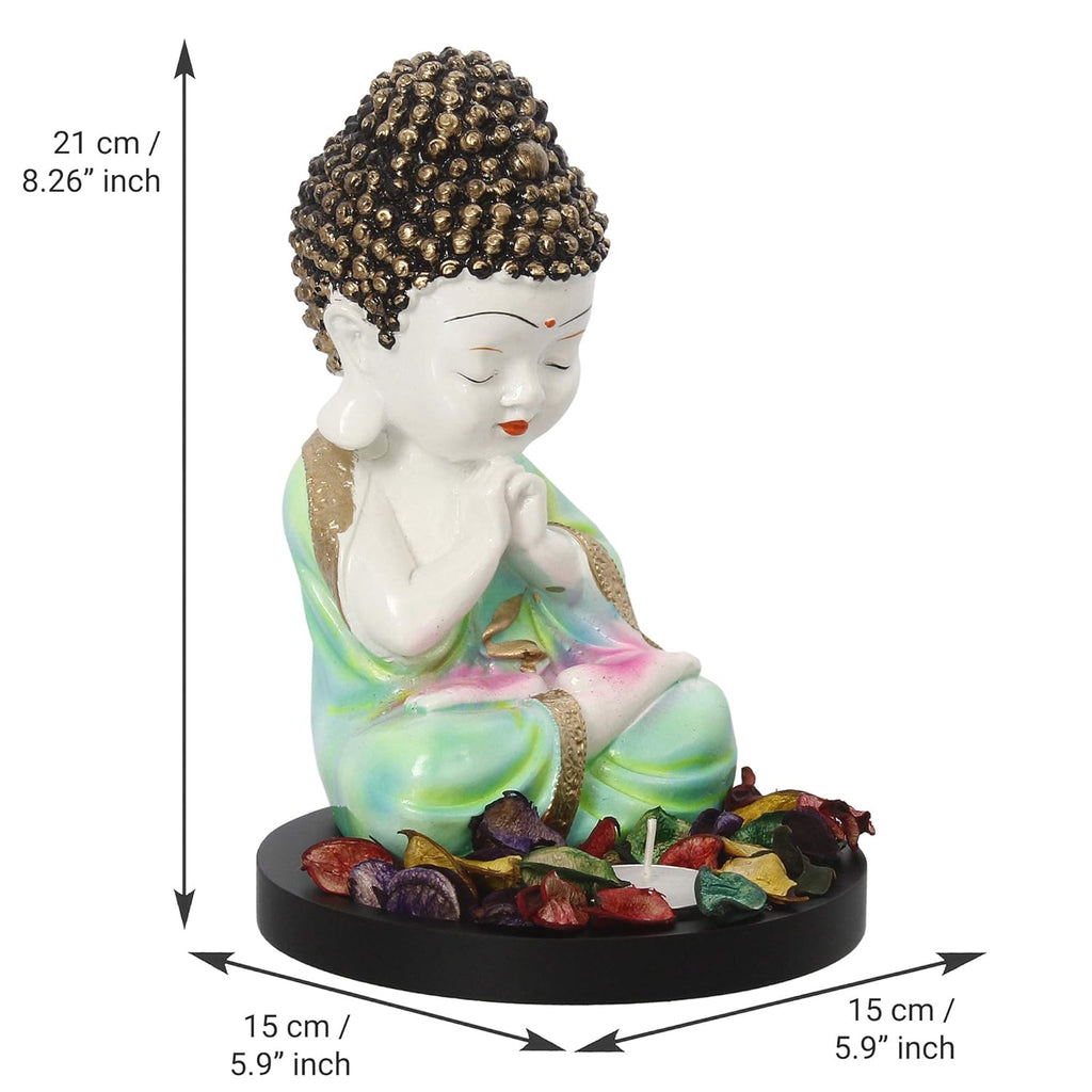 Ecraftindia Green and White Polyresin Praying Little Monk Buddha Statue With Wooden Base | Fragranced Petals Tealight Candle Holder