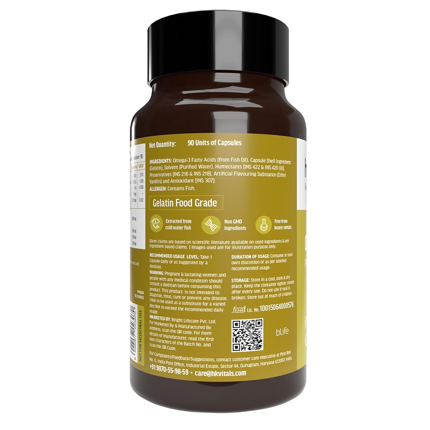 Hk vitals Omega 3 (90 Fish Oil Capsules) | 1000mg Omega 3 with 180mg EPA & 120mg DHA | For Brain, Heart, Eyes, and Joints Health