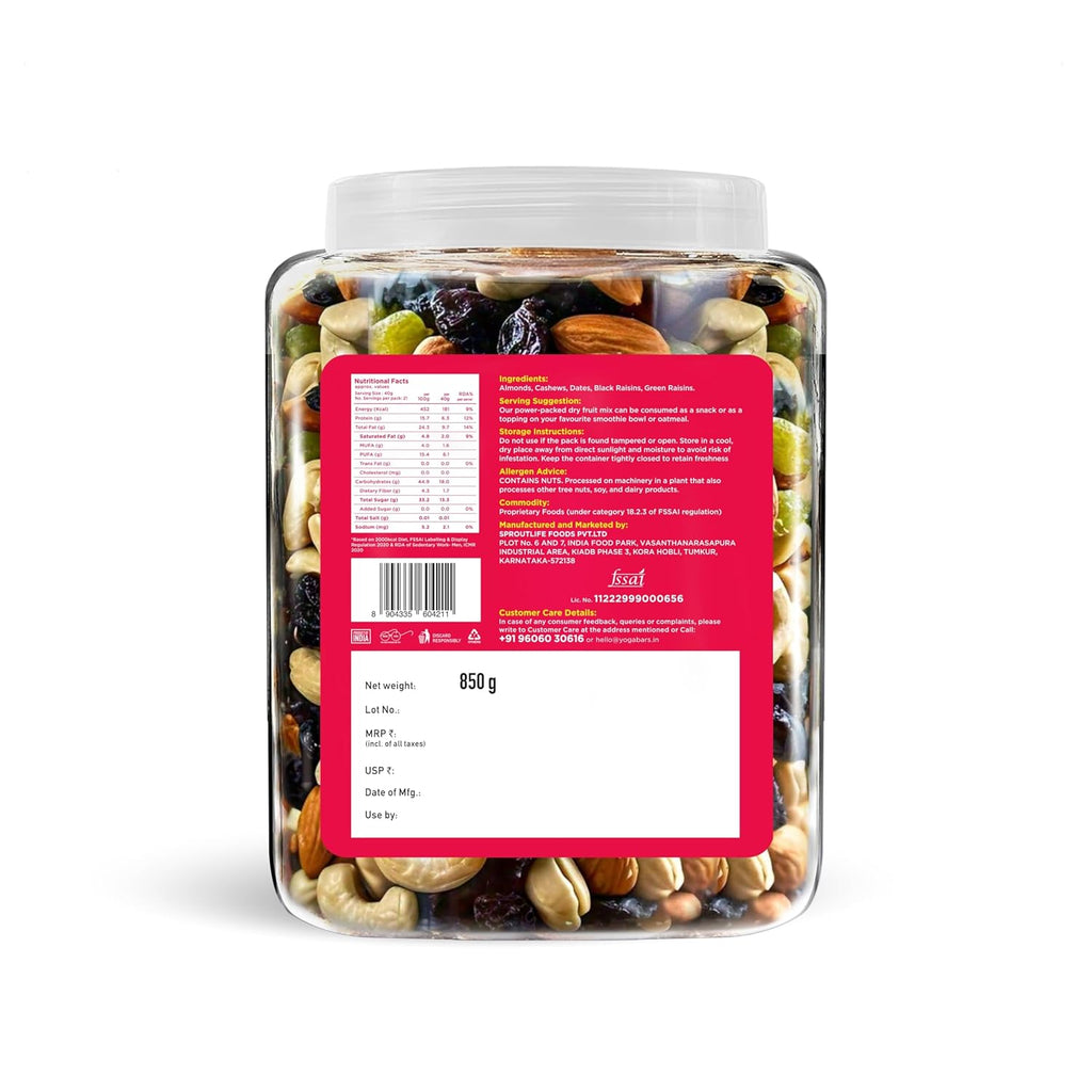 Yogabar Panch Meva Premium Nuts and Dry Fruits Mix- 850 gm-Jar | Almonds | Cashews | Raisin | Dates